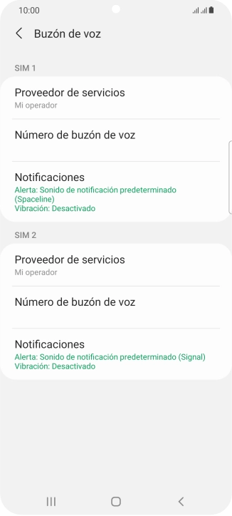 Pulsa Número de buzón de voz bajo la tarjeta SIM deseada. Pulsa Número de buzón de voz bajo la tarjeta SIM deseada.