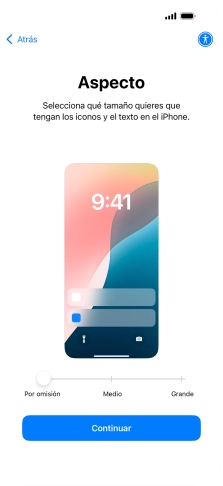 Selecciona el tamaño de letra y de los iconos que debe tener el teléfono y pulsa Continuar. Selecciona el tamaño de letra y de los iconos que debe tener el teléfono y pulsa Continuar.