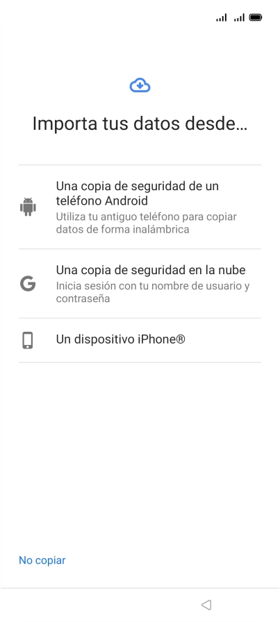 Pulsa el ajuste deseado y sigue las instrucciones de la pantalla para transferir el contenido del otro teléfono. Pulsa el ajuste deseado y sigue las instrucciones de la pantalla para transferir el contenido del otro teléfono.
