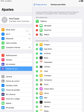 Pulsa el icono de añadir junto a la app deseada para añadirla a la lista de apps permitidas bajo el tiempo de inactividad de pantalla. Pulsa el icono de añadir junto a la app deseada para añadirla a la lista de apps permitidas bajo el tiempo de inactividad de pantalla.