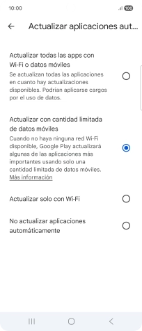 Para activar la actualización automática de apps utilizando la red móvil, pulsa Actualizar todas las apps con Wi-Fi o datos móviles. Para activar la actualización automática de apps utilizando la red móvil, pulsa Actualizar todas las apps con Wi-Fi o datos móviles.