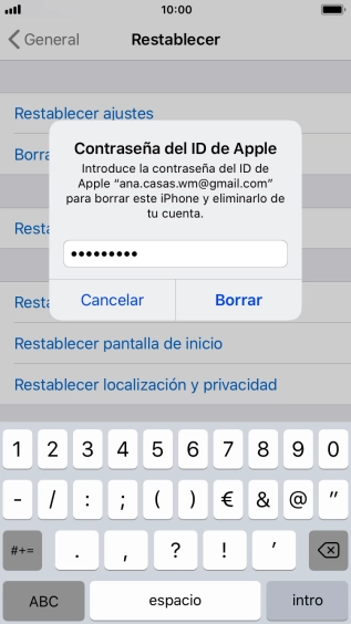 Introduce la contraseña de tu ID de Apple y pulsa Borrar. Espera unos instantes mientras el teléfono restablece la configuración predeterminada. Sigue las indicaciones de la pantalla para configurar el teléfono y dejarlo listo para su uso. Introduce la contraseña de tu ID de Apple y pulsa Borrar. Espera unos instantes mientras el teléfono restablece la configuración predeterminada. Sigue las indicaciones de la pantalla para configurar el teléfono y dejarlo listo para su uso.