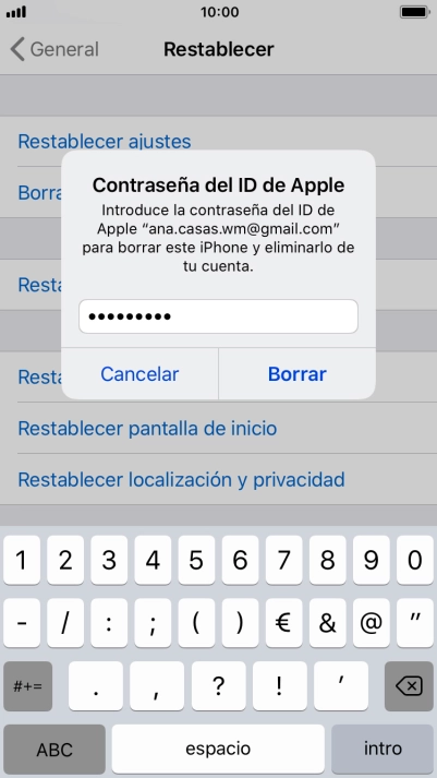 Introduce la contraseña de tu ID de Apple y pulsa Borrar. Espera unos instantes mientras el teléfono restablece la configuración predeterminada. Sigue las indicaciones de la pantalla para configurar el teléfono y dejarlo listo para su uso. Introduce la contraseña de tu ID de Apple y pulsa Borrar. Espera unos instantes mientras el teléfono restablece la configuración predeterminada. Sigue las indicaciones de la pantalla para configurar el teléfono y dejarlo listo para su uso.