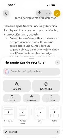 Pulsa Describe qué quieres hacer y escribe con tus propias palabras cómo quieres que se reescriba el texto. Sigue las indicaciones de la pantalla para utilizar la función. Pulsa Describe qué quieres hacer y escribe con tus propias palabras cómo quieres que se reescriba el texto. Sigue las indicaciones de la pantalla para utilizar la función.
