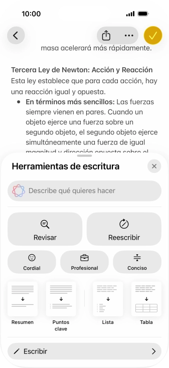 Pulsa Describe qué quieres hacer y escribe con tus propias palabras cómo quieres que se reescriba el texto. Sigue las indicaciones de la pantalla para utilizar la función. Pulsa Describe qué quieres hacer y escribe con tus propias palabras cómo quieres que se reescriba el texto. Sigue las indicaciones de la pantalla para utilizar la función.