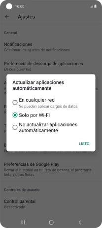 Para activar la actualización automática de apps utilizando la red móvil, pulsa En cualquier red. Para activar la actualización automática de apps utilizando la red móvil, pulsa En cualquier red.