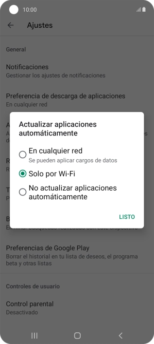 Para activar la actualización automática de apps utilizando la red móvil, pulsa En cualquier red. Para activar la actualización automática de apps utilizando la red móvil, pulsa En cualquier red.