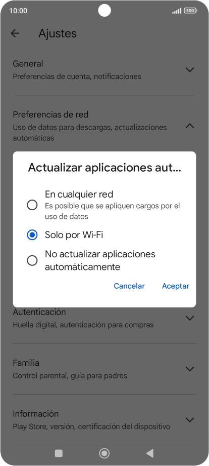 Para activar la actualización automática de apps a través de la red móvil, pulsa el campo junto a Para activar la actualización automática de apps a través de la red móvil, pulsa el campo junto a