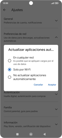 Para activar la actualización automática de apps a través de la red móvil, pulsa el campo junto a Para activar la actualización automática de apps a través de la red móvil, pulsa el campo junto a