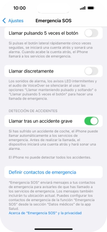 Pulsa Definir contactos de emergencia y sigue las indicaciones de la pantalla para insertar la información y tus contactos de emergencia. Pulsa Definir contactos de emergencia y sigue las indicaciones de la pantalla para insertar la información y tus contactos de emergencia.