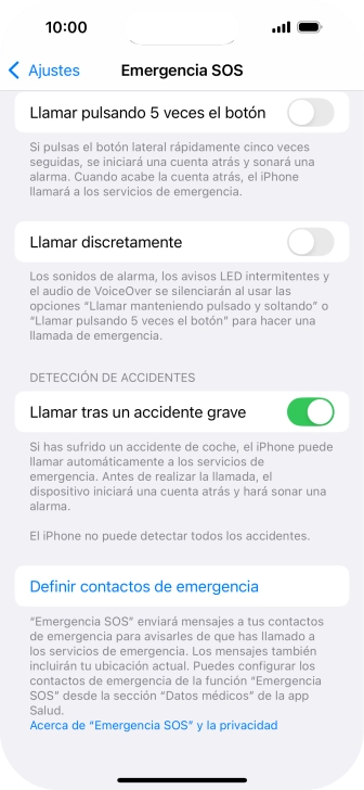 Pulsa Definir contactos de emergencia y sigue las indicaciones de la pantalla para insertar la información y tus contactos de emergencia. Pulsa Definir contactos de emergencia y sigue las indicaciones de la pantalla para insertar la información y tus contactos de emergencia.