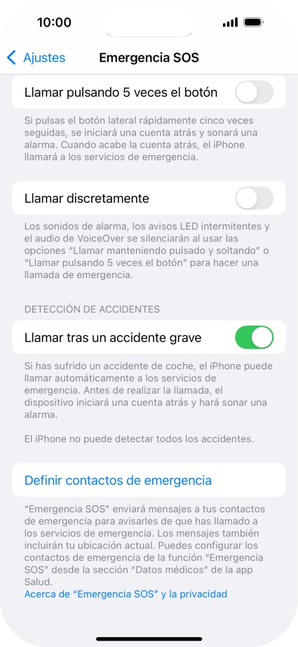 Pulsa Definir contactos de emergencia y sigue las indicaciones de la pantalla para insertar la información y tus contactos de emergencia. Pulsa Definir contactos de emergencia y sigue las indicaciones de la pantalla para insertar la información y tus contactos de emergencia.