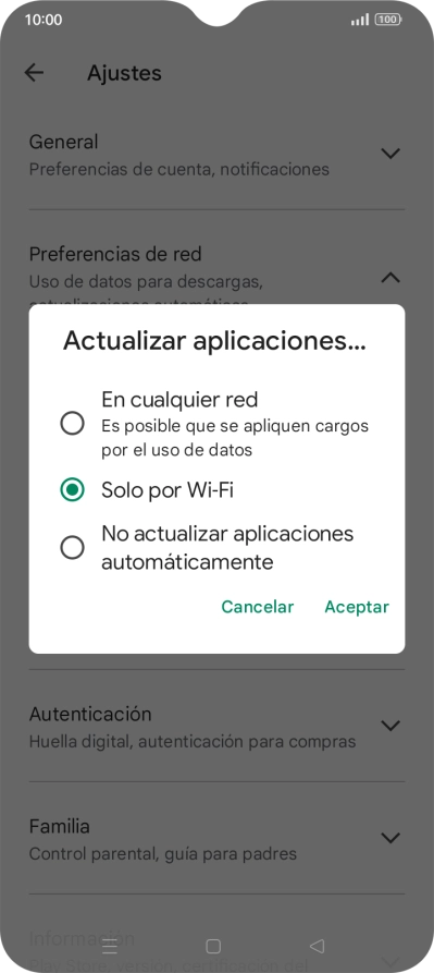 Para activar la actualización automática de apps utilizando la red móvil, pulsa En cualquier red. Para activar la actualización automática de apps utilizando la red móvil, pulsa En cualquier red.