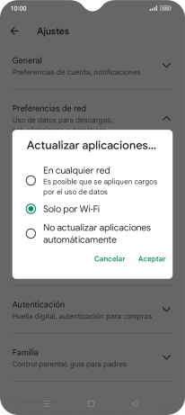 Para activar la actualización automática de apps utilizando la red móvil, pulsa En cualquier red. Para activar la actualización automática de apps utilizando la red móvil, pulsa En cualquier red.