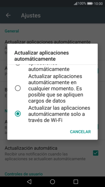 Pulsa Actualizar las aplicaciones automáticamente solo a través de Wi-Fi para activar la función. Pulsa Actualizar las aplicaciones automáticamente solo a través de Wi-Fi para activar la función.