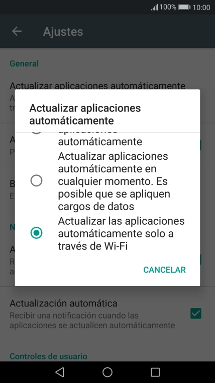 Pulsa Actualizar las aplicaciones automáticamente solo a través de Wi-Fi para activar la función. Pulsa Actualizar las aplicaciones automáticamente solo a través de Wi-Fi para activar la función.