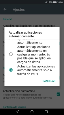 Pulsa Actualizar las aplicaciones automáticamente solo a través de Wi-Fi para activar la función. Pulsa Actualizar las aplicaciones automáticamente solo a través de Wi-Fi para activar la función.