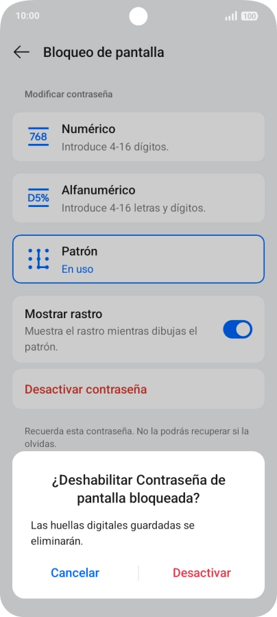 Pulsa Desactivar e introduce el código de seguridad extra que has creado anteriormente. Pulsa Desactivar e introduce el código de seguridad extra que has creado anteriormente.