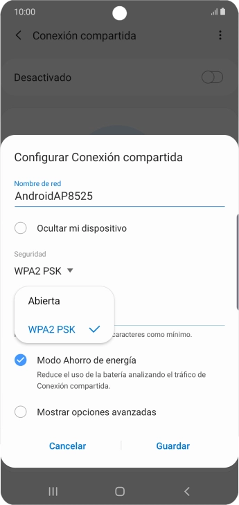 Pulsa WPA2 PSK para proteger la conexión wifi con una contraseña. Pulsa WPA2 PSK para proteger la conexión wifi con una contraseña.