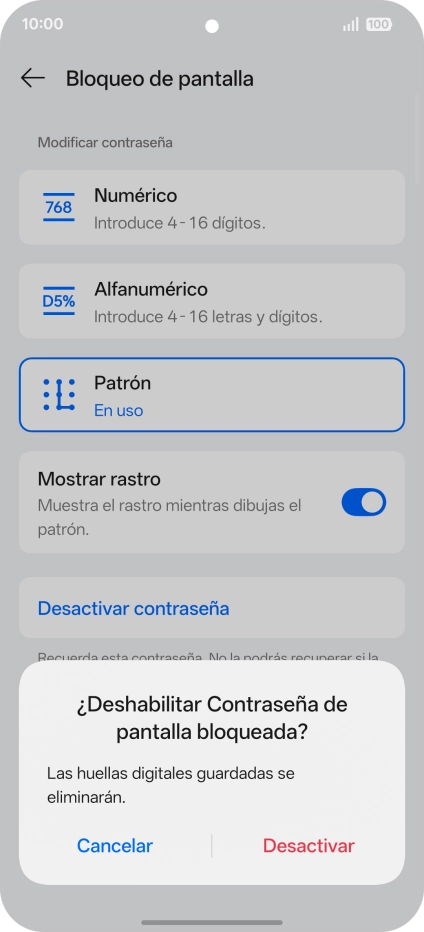 Pulsa Desactivar e introduce el código de seguridad extra que has creado anteriormente. Pulsa Desactivar e introduce el código de seguridad extra que has creado anteriormente.
