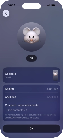 Pulsa los campos del nombre y sigue las indicaciones de la pantalla para editar el nombre del póster de contacto.