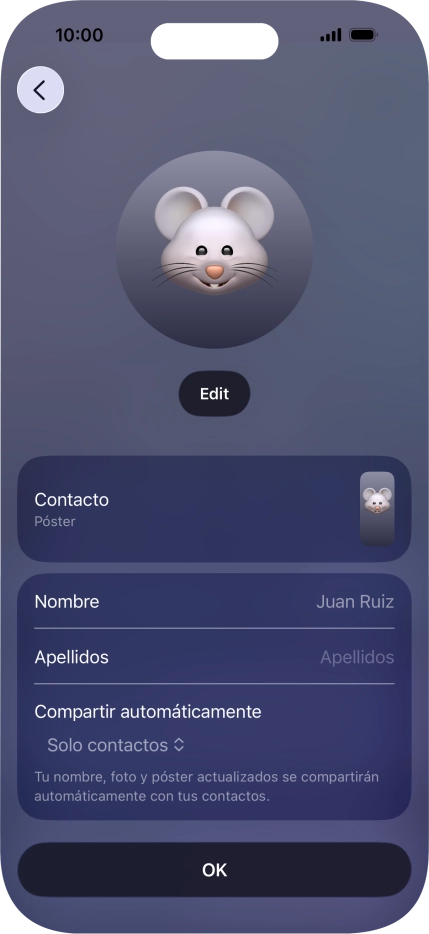 Pulsa los campos del nombre y sigue las indicaciones de la pantalla para editar el nombre del póster de contacto.