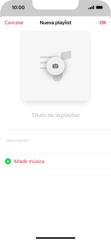Pulsa en el campo de escritura e introduce el nombre de la lista de reproducción. Pulsa en el campo de escritura e introduce el nombre de la lista de reproducción.