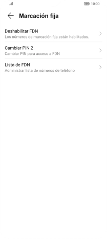 Pulsa Deshabilitar FDN para desactivar la marcación fija. Pulsa Deshabilitar FDN para desactivar la marcación fija.