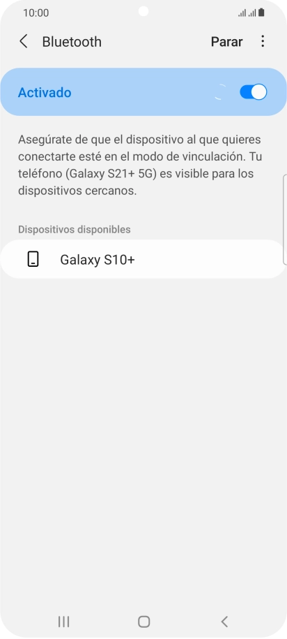 Pulsa el dispositivo Bluetooth deseado y sigue las indicaciones de la pantalla para vincular el dispositivo al teléfono. Pulsa el dispositivo Bluetooth deseado y sigue las indicaciones de la pantalla para vincular el dispositivo al teléfono.