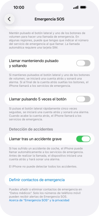Pulsa Definir contactos de emergencia y sigue las indicaciones de la pantalla para insertar la información y tus contactos de emergencia. Pulsa Definir contactos de emergencia y sigue las indicaciones de la pantalla para insertar la información y tus contactos de emergencia.