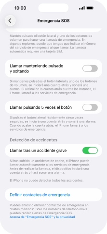 Pulsa Definir contactos de emergencia y sigue las indicaciones de la pantalla para insertar la información y tus contactos de emergencia. Pulsa Definir contactos de emergencia y sigue las indicaciones de la pantalla para insertar la información y tus contactos de emergencia.
