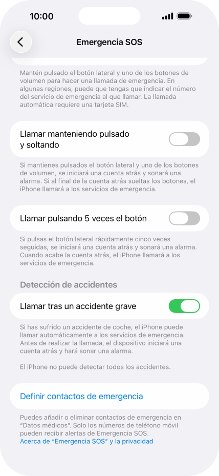 Pulsa Definir contactos de emergencia y sigue las indicaciones de la pantalla para insertar la información y tus contactos de emergencia. Pulsa Definir contactos de emergencia y sigue las indicaciones de la pantalla para insertar la información y tus contactos de emergencia.