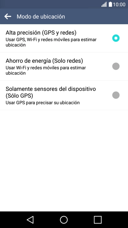 Si seleccionas Alta precisión (GPS y redes), el teléfono podrá encontrar tu posición exacta con ayuda de los satélites GPS, la red móvil y una red wifi cercana. Si seleccionas Alta precisión (GPS y redes), el teléfono podrá encontrar tu posición exacta con ayuda de los satélites GPS, la red móvil y una red wifi cercana.