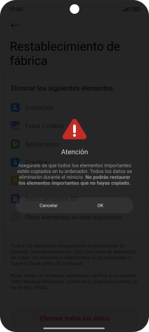 Pulsa OK. Espera unos instantes mientras el teléfono restablece la configuración predeterminada. Sigue las indicaciones de la pantalla para configurar el teléfono y dejarlo listo para su uso.