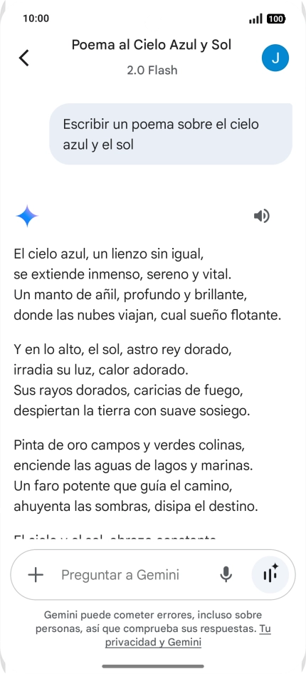 A Gemini le puedes pedir que genere un texto a partir de una descripción tuya. A Gemini le puedes pedir que genere un texto a partir de una descripción tuya.