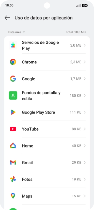 El consumo de datos por cada aplicación aparece bajo el nombre de la aplicación. El consumo de datos por cada aplicación aparece bajo el nombre de la aplicación.