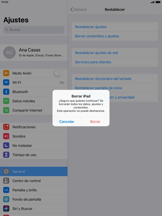 Pulsa Borrar. Espera unos instantes mientras la tablet restablece la configuración predeterminada. Sigue las indicaciones de la pantalla para configurar la tablet y dejarla lista para su uso. Pulsa Borrar. Espera unos instantes mientras la tablet restablece la configuración predeterminada. Sigue las indicaciones de la pantalla para configurar la tablet y dejarla lista para su uso.