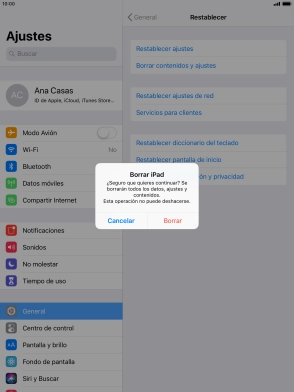 Pulsa Borrar. Espera unos instantes mientras la tablet restablece la configuración predeterminada. Sigue las indicaciones de la pantalla para configurar la tablet y dejarla lista para su uso. Pulsa Borrar. Espera unos instantes mientras la tablet restablece la configuración predeterminada. Sigue las indicaciones de la pantalla para configurar la tablet y dejarla lista para su uso.
