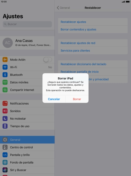 Pulsa Borrar. Espera unos instantes mientras la tablet restablece la configuración predeterminada. Sigue las indicaciones de la pantalla para configurar la tablet y dejarla lista para su uso. Pulsa Borrar. Espera unos instantes mientras la tablet restablece la configuración predeterminada. Sigue las indicaciones de la pantalla para configurar la tablet y dejarla lista para su uso.