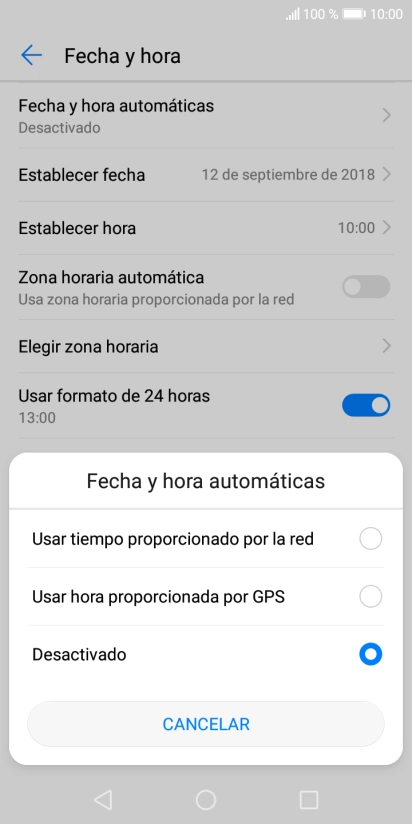 Pulsa Usar tiempo proporcionado por la red para activar la función. Pulsa Usar tiempo proporcionado por la red para activar la función.