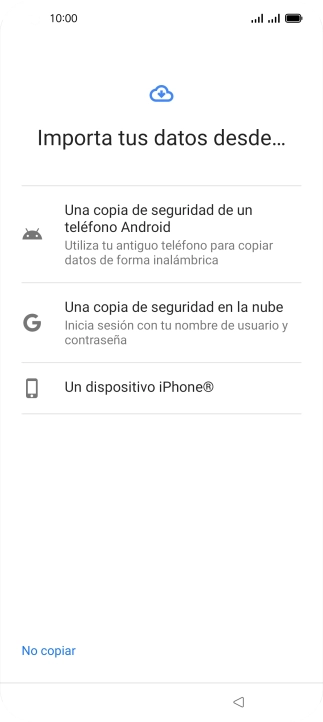 Pulsa el ajuste deseado y sigue las instrucciones de la pantalla para transferir el contenido del otro teléfono. Pulsa el ajuste deseado y sigue las instrucciones de la pantalla para transferir el contenido del otro teléfono.