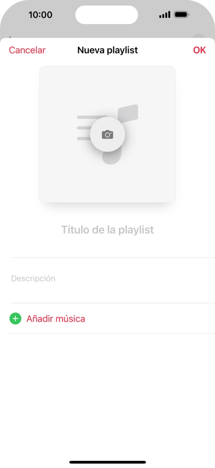 Pulsa en el campo de escritura e introduce el nombre de la lista de reproducción. Pulsa en el campo de escritura e introduce el nombre de la lista de reproducción.