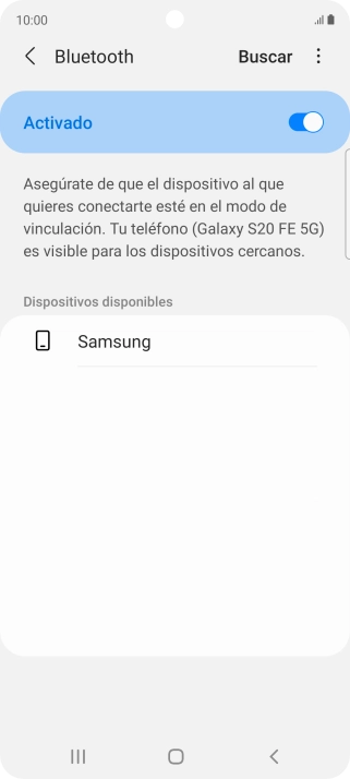 Pulsa el dispositivo Bluetooth deseado y sigue las indicaciones de la pantalla para vincular el dispositivo al teléfono. Pulsa el dispositivo Bluetooth deseado y sigue las indicaciones de la pantalla para vincular el dispositivo al teléfono.