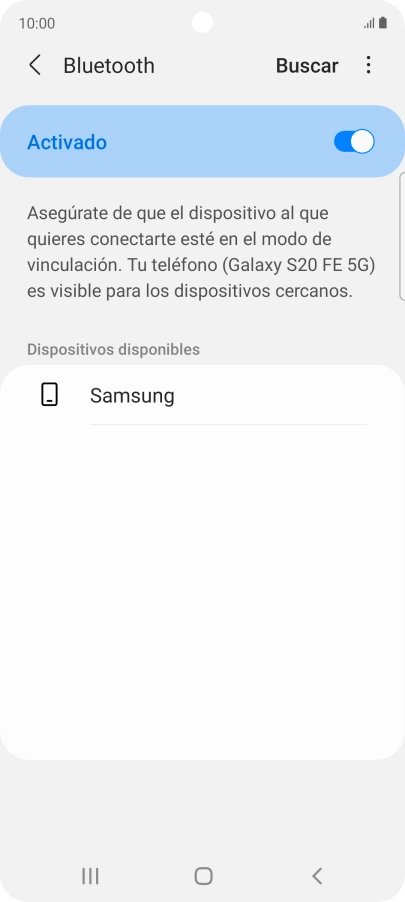 Pulsa el dispositivo Bluetooth deseado y sigue las indicaciones de la pantalla para vincular el dispositivo al teléfono. Pulsa el dispositivo Bluetooth deseado y sigue las indicaciones de la pantalla para vincular el dispositivo al teléfono.
