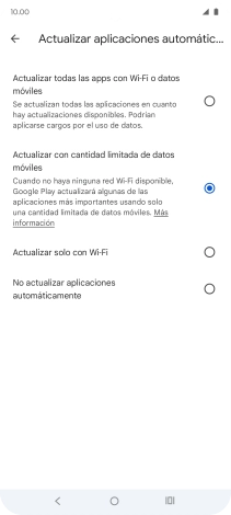 Para activar la actualización automática de apps utilizando la red móvil, pulsa Actualizar todas las apps con Wi-Fi o datos móviles. Para activar la actualización automática de apps utilizando la red móvil, pulsa Actualizar todas las apps con Wi-Fi o datos móviles.