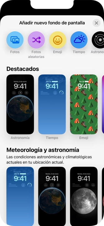 Pulsa una categoría y sigue las indicaciones de la pantalla para seleccionar la imagen de fondo deseada. Pulsa una categoría y sigue las indicaciones de la pantalla para seleccionar la imagen de fondo deseada.