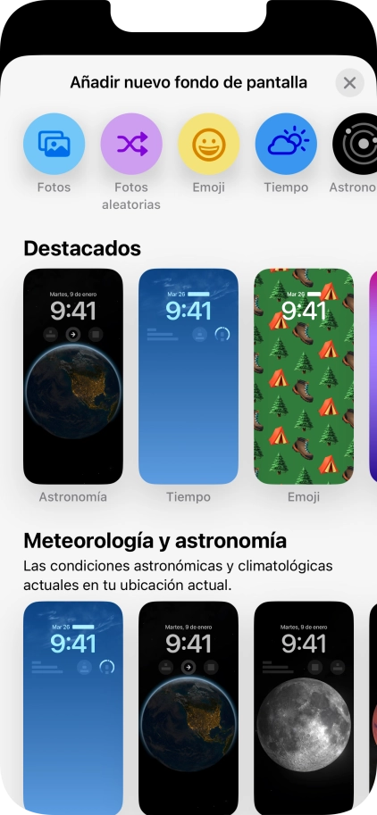 Pulsa una categoría y sigue las indicaciones de la pantalla para seleccionar la imagen de fondo deseada. Pulsa una categoría y sigue las indicaciones de la pantalla para seleccionar la imagen de fondo deseada.