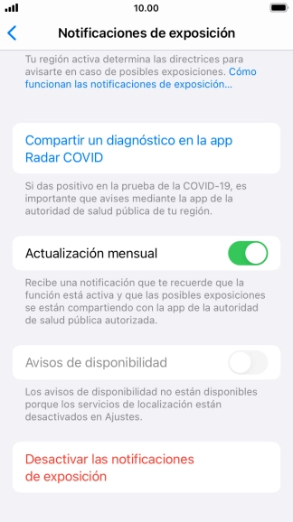 Pulsa Desactivar las notificaciones de exposición. Pulsa Desactivar las notificaciones de exposición.