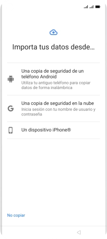 Pulsa el ajuste deseado y sigue las instrucciones de la pantalla para transferir el contenido del otro teléfono. Pulsa el ajuste deseado y sigue las instrucciones de la pantalla para transferir el contenido del otro teléfono.