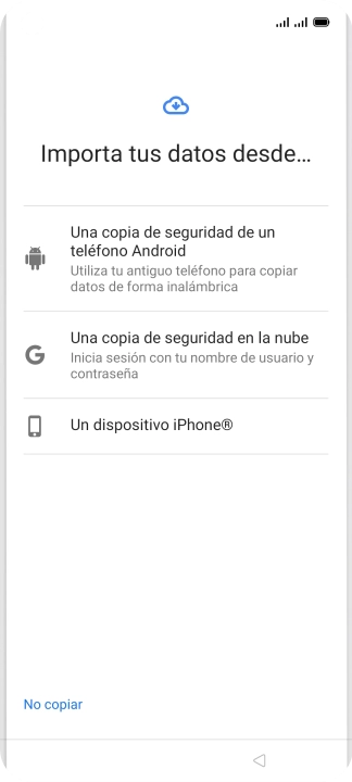 Pulsa el ajuste deseado y sigue las instrucciones de la pantalla para transferir el contenido del otro teléfono. Pulsa el ajuste deseado y sigue las instrucciones de la pantalla para transferir el contenido del otro teléfono.